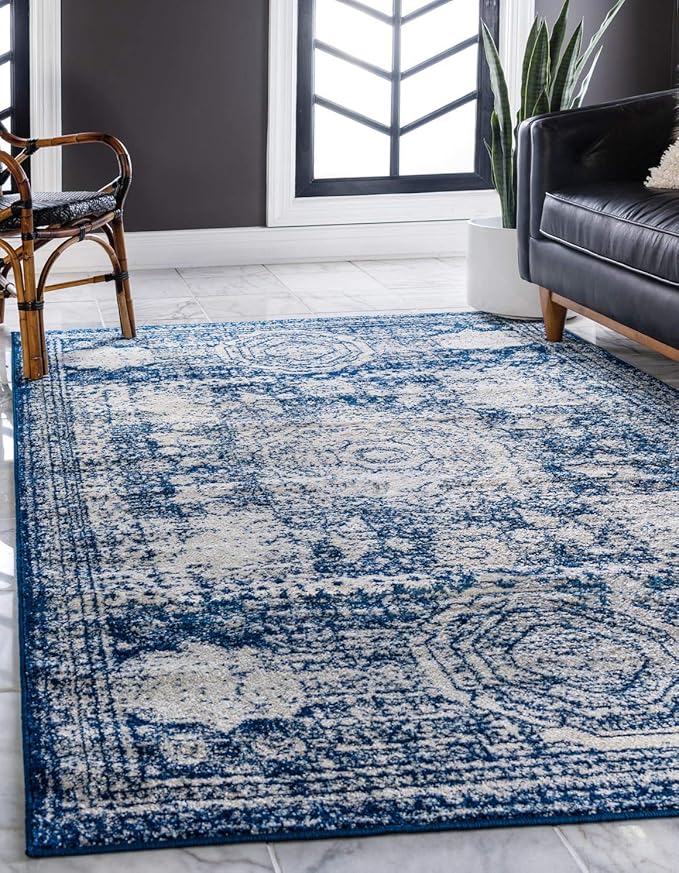 Unique Loom Bromley Collection Area Rug - Wells (9' x 12' 2" Rectangle, Ivory and Blue/ Ivory)