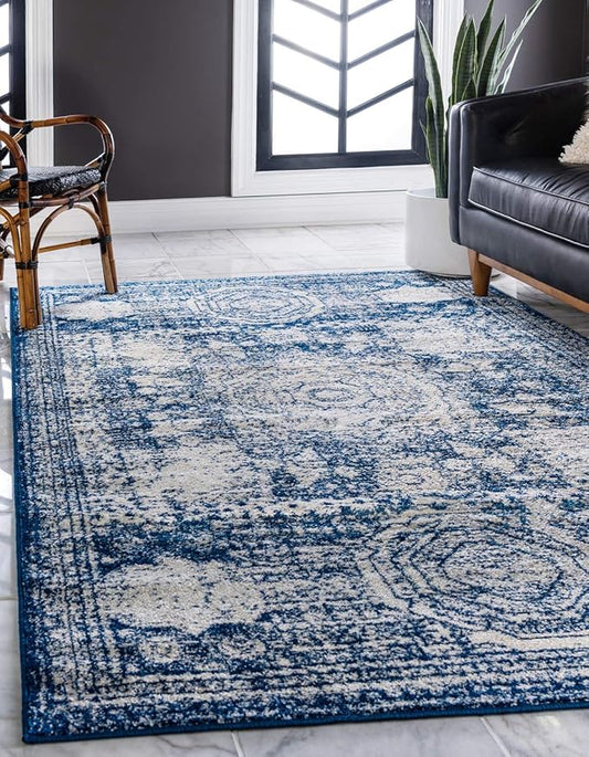 Unique Loom Bromley Collection Area Rug - Wells (7' 1" x 10' Rectangle, Ivory and Blue/ Ivory)