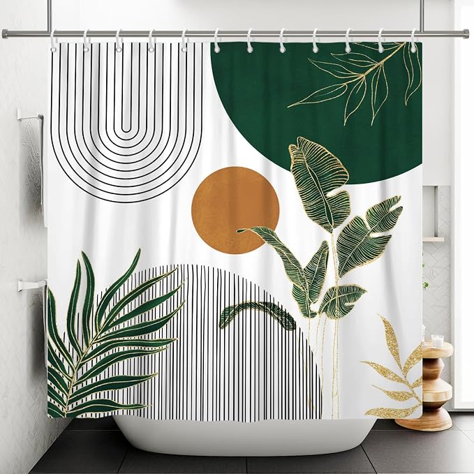 Mid Century Boho Modern Shower Curtain for Bathroom Abstract Sun Arch Geometric Leaves Minimalist Shower Curtain Set Waterproof Polyester Fabric 72x108 Inches
