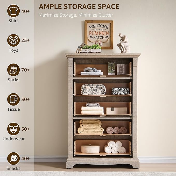 T4TREAM Farmhouse 5 Drawers Dresser for Bedroom, 47" Tall Wood Rustic Chest of Drawers, Vintage Design with Metal Handle, Light Rustic Oak