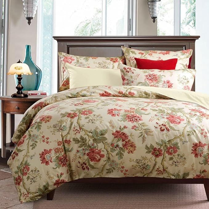 LifeTB Garden Style Floral Duvet Cover Queen Vintage Red Flower Green Leaves Pattern Boho Duvet Cover Aesthetic Flower Bedding Set Farmhouse Cotton Comforter Cover Botanical Bedding Cover Queen