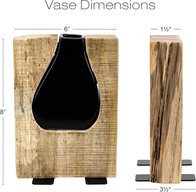 Excello Global Products Matte Black Glass and Wood Vase - Rustic Flower Vase Decorative Centerpieces for Dining Room Table Coffee Tables Vintage Farmhouse Decor (Short - 8" x 6")
