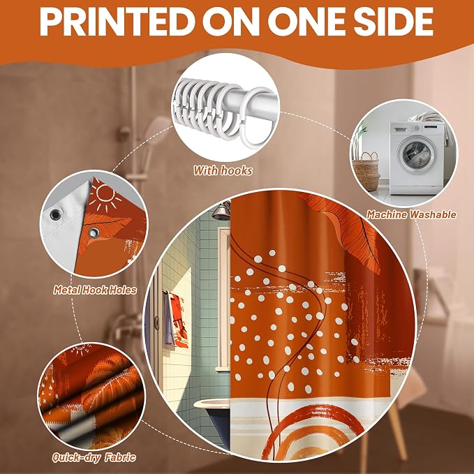 Small Stall Narrow Shower Curtain Burnt Orange Stand Up Mid Century Modern Leaf Shower Curtains for Rv Camper Bathroom Decor Sets, Waterproof Cloth Fabric with Hooks, 48 x 72 Inch