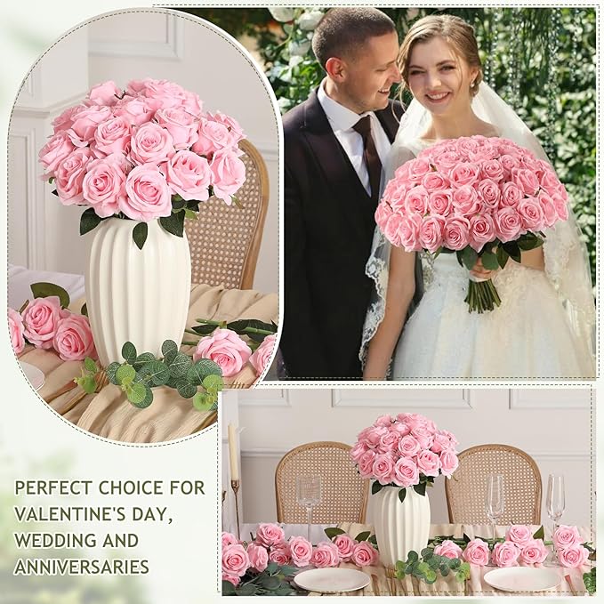 Kisflower 60 Pcs Pink Roses Artificial Flowers Bulk, Silk Roses with Stems Realistic Roses Artificial for Decoration DIY Wedding Bouquet Bridal Shower Party Home Table Centerpieces Decor (Pink)