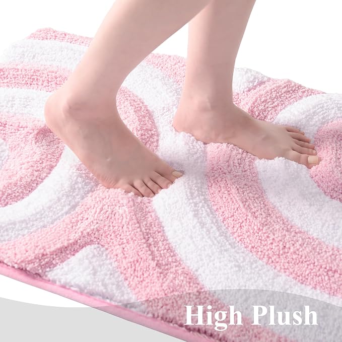 QJHOMO Pink and White Cute Bathroom Rugs Non Slip Bath Mat Modern Aesthetic Bathroom Decor, Geometric Striped Bath Rug Fluffy Floor Mats, Thick Microfiber Carpet Machine Washable (18x26 inch)