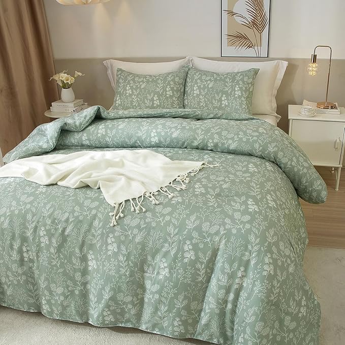HighBuy Girl Floral Duvet Cover Twin Size Green Botanical Bedding Set with 2 Pillowcases Cozy Soft Cotton Comforter Cover Aesthetic Boho Duvet Cover Set