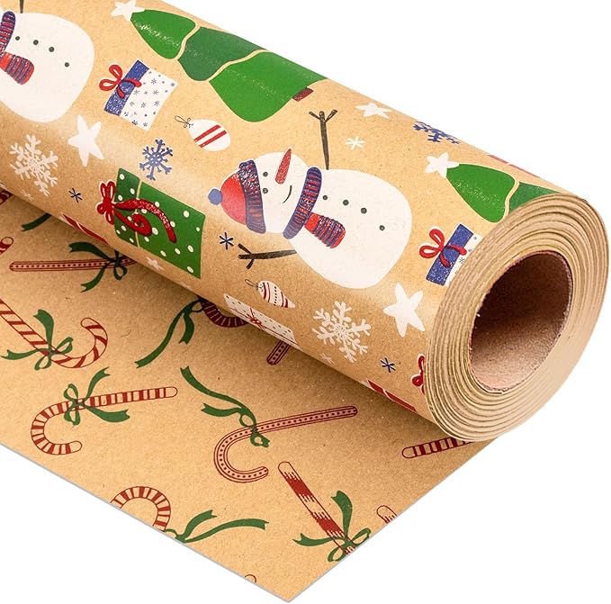 Yarcony Christmas Gift Wrapping Paper Roll, Kraft Snowman Wrapping Paper，Reversible Snowman, Candy Cane & Bow Design Winter Theme Thick Christmas Gift Wrap for Holiday Celebration (17 Inch X 33 Feet)