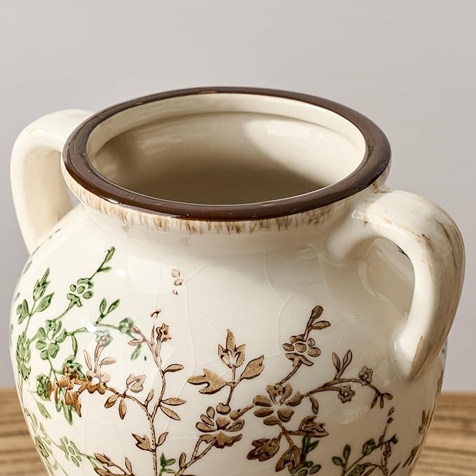 Green and Beige Antique Vase with Handles, Vintage Chinoiserie Floral Vase, Rustic Ceramic Vase for Home Decor, Living Room, Bookshelf, Office, Entryway, Garden, Chinoiserie Decor, Tuscan Decor