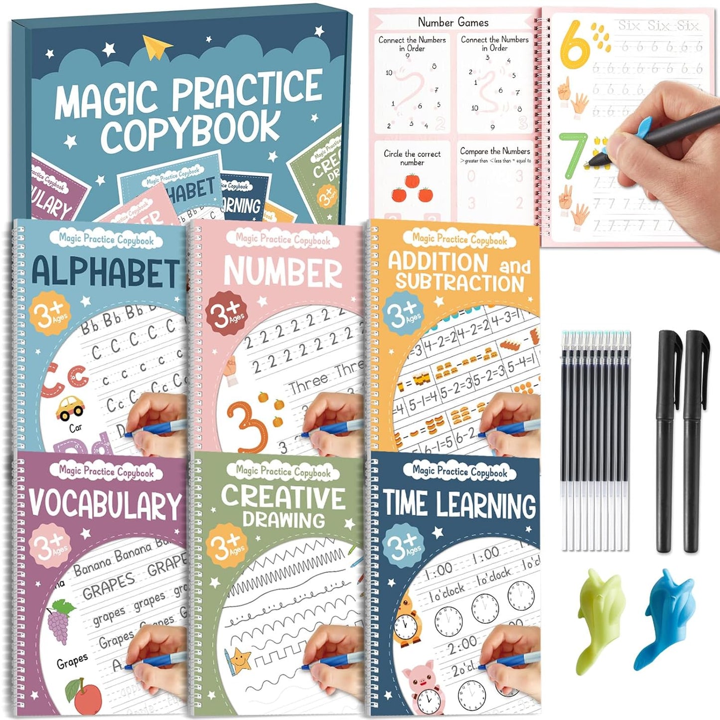 Skiennix Magic Grooved Writing Practice Copybook - 6 Pieces with Disappearing Ink Pens | Reusable Handwriting Workbook for Kids