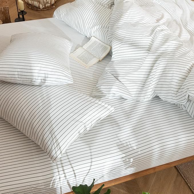 MooMee Striped Duvet Cover Set 100% Washed Cotton Linen Like Textured Breathable Durable Soft Comfy (White Heathered Green Wide Stripes, Cal King 104"x98")