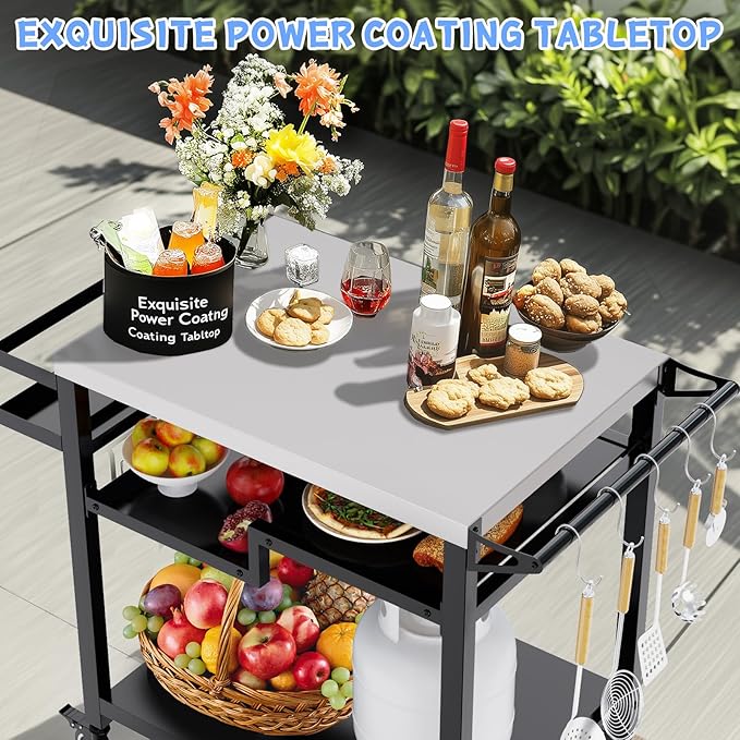 MEXMIODY Outdoor Grill Table, Multi-Function Pizza Oven Stand, Three-Shelf Food Prep and Work Cart Table, Heavy Duty Grill Cart for Party, Bar, Camping