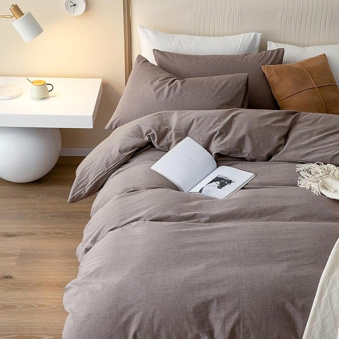 JIYUAN 100% Washed Cotton Duvet Cover Set 3 Pieces Oversized Queen, 1 Duvet Cover 98x98 Inches(Comforter Not Included) and 2 Pillowcases,Linen Like Comfy and Breathable, Heathered Mauve Brown