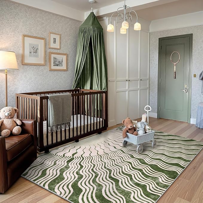 Hedlive Boho Washable Rugs 5x7, Sun Print Soft Green Rug for Bedroom Ultra-Thin Nursery Rug Non Slip, Stain Resistant Living Room Carpet for Dining Room Classroom(5'x 7',Green/Multi)