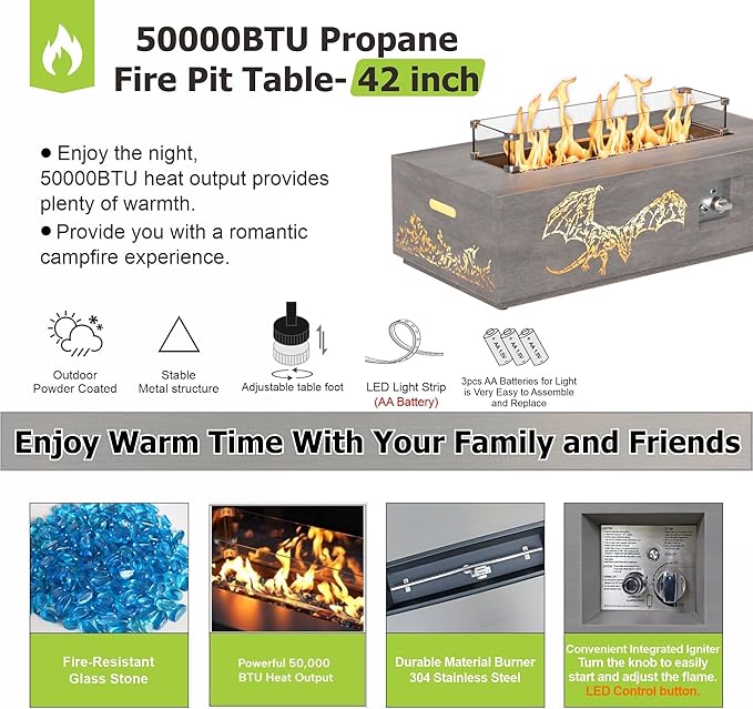 2-Piece 42" LED Rectangular Propane Fire Pit for Outside Patio with Hidden Tank Table, 50,000 BTU Fireplaces with Glass Wind Guard, Lid, Glass Rocks, Cover(Dragon w/Warm Light