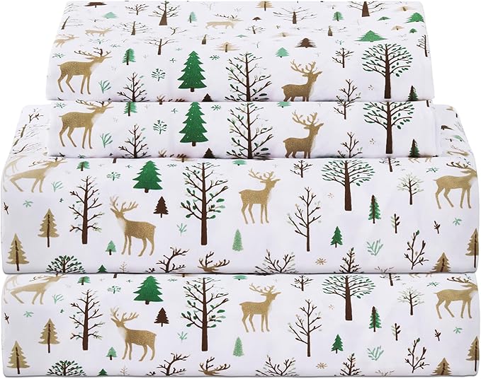 Softan Christmas Holiday Queen Size Sheet Set, Printed Microfiber Fitted Bed Sheet with 15" Deep Pocket & Non-Slip Straps, Forest Deer Patterned Sheets & Pillowcase Set
