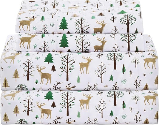 Softan Christmas Holiday Queen Size Sheet Set, Printed Microfiber Fitted Bed Sheet with 15" Deep Pocket & Non-Slip Straps, Forest Deer Patterned Sheets & Pillowcase Set