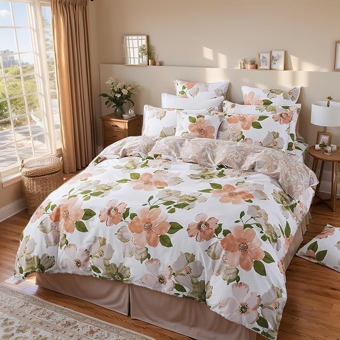 FADFAY Duvet Cover Twin XL Elegant Watercolor Floral Bedding Shabby Orange Flower Quilt Cover Vintage Farmhouse Bedding 100% Cotton Soft Comforter Cover with Hidden Zipper Closure 3Pc, Twin XL Size