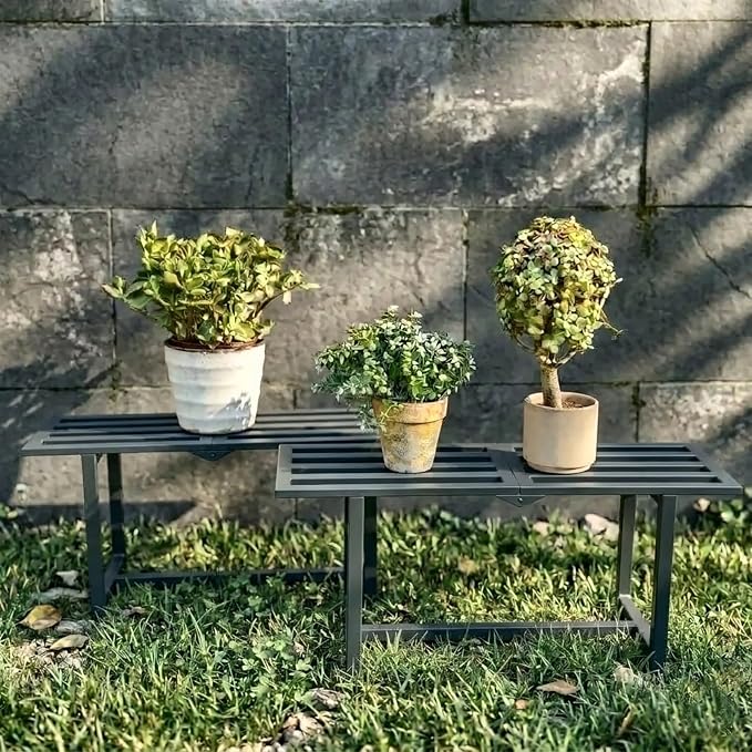 Plant Stand Indoor Outdoor, Foldable Metal Plant Shelf for Multiple Pots, Mid Century Slatted Bench for Patio Garden, Heavy Duty Capacity 330 lbs 2 Pack Grey