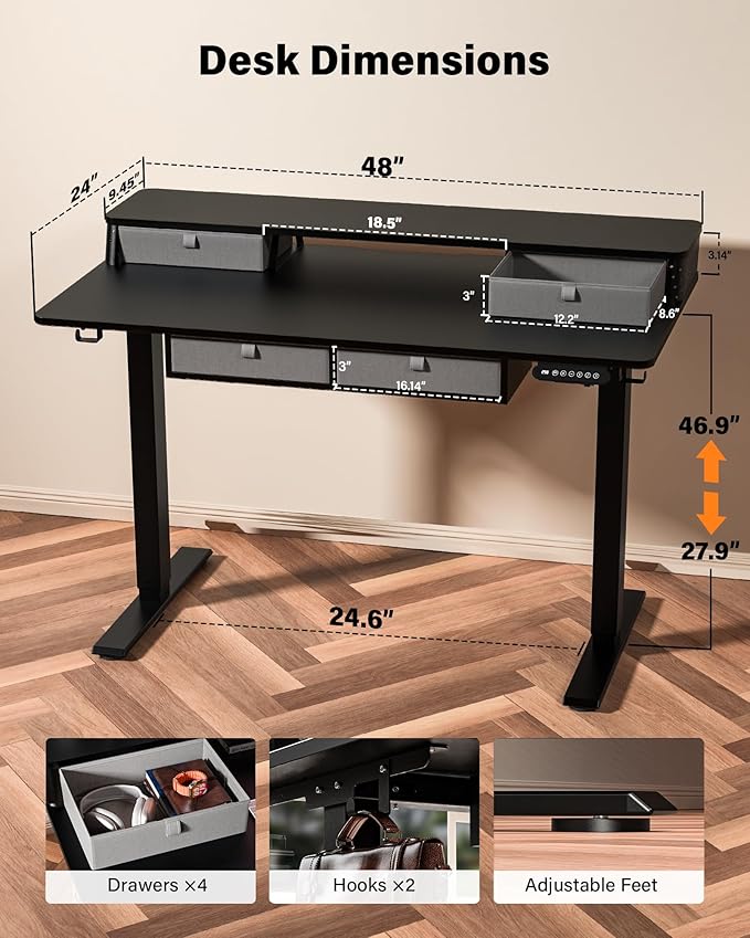 FiCiHi Adjustable Height Standing Desk with 4 Drawers,48 x 24 inches Electric Sit Stand Home Office Desk with Two Tiers, 3 Memory Presets, Monitor Stand Riser, C-Clamp Mount Compatible