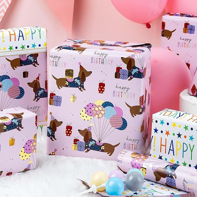 Burymento Birthday Dog Wrapping Paper, Reversible Color Happy Birthday Gift Wrap for Baby Shower, Valentines, Mothers day, Graduation, Wedding, Fathers day, Christmas (17in x 32.8ft)