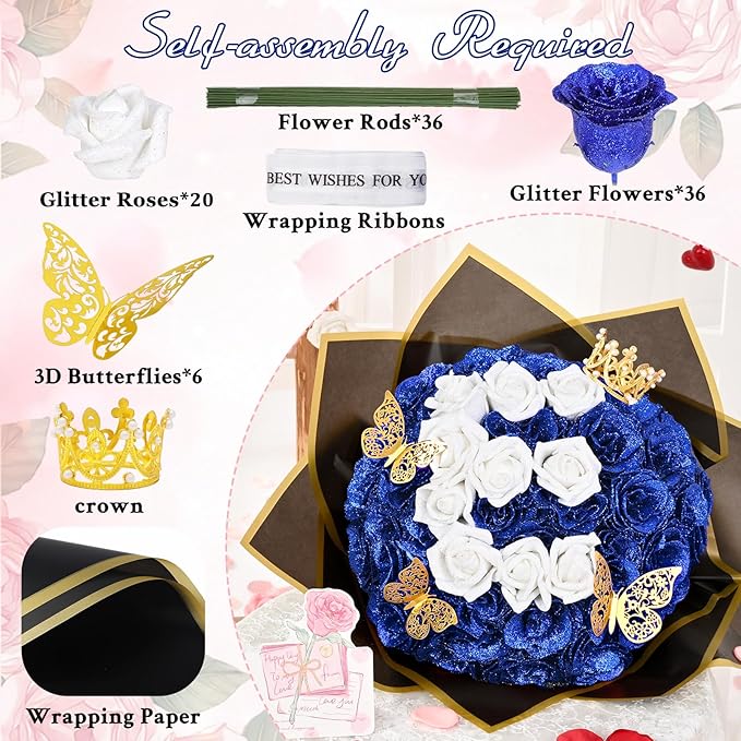 36+20 Glitter Roses Bouquet, DIY Fake Flowers Bouquet, Craft The Initials of Your Loves' Name with Artificial Rose Bouquet for Valentines, Anniversary, Wedding, Blue & White