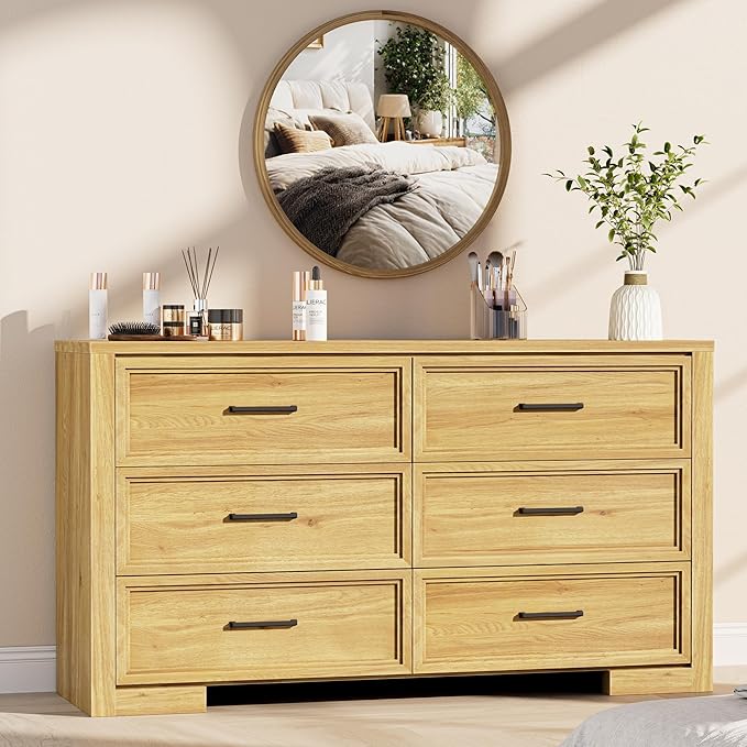 6 Drawer Dresser for Bedroom, 54" Wide Chest of Drawers with Metal Handle, Modern Storage Dressers Organizer for Living Room, Hallway, Natural Oak