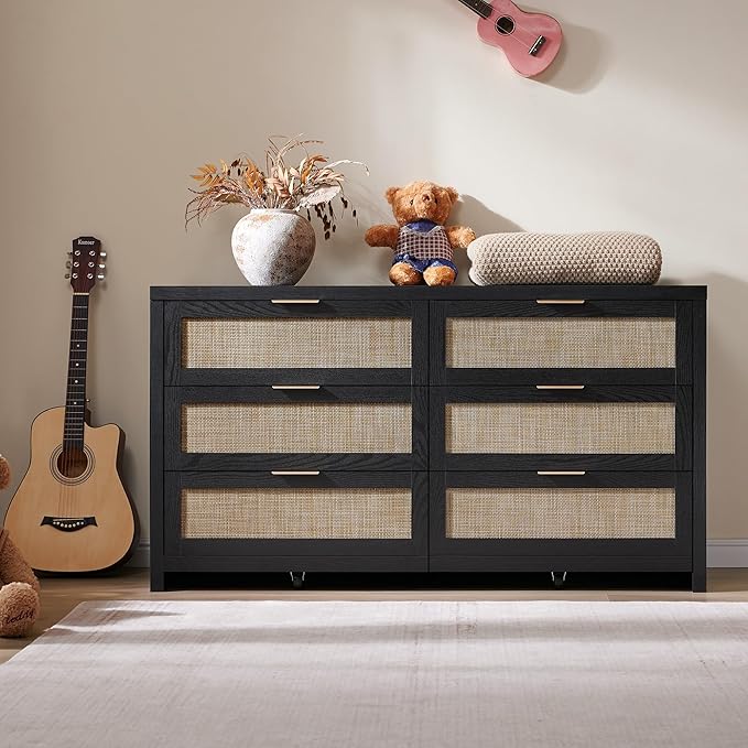 SICOTAS Rattan Dresser for Bedroom, 57" Wide 6 Drawer Dresser with Ample Storage, Wooden Dressers Large Chest of Drawers, Closet, Boho TV Stand for Bedroom (Black Oak, 1 Piece)