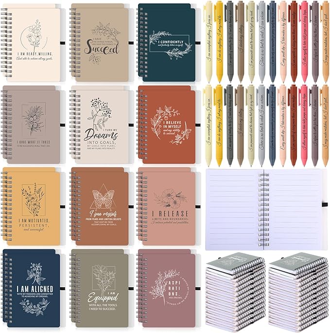 Kosiz 48 Pcs/24 Set Positive Affirmation Gifts Gratitude Spiral Notebooks with Pens Motivational Encouragement Notepads Daily Affirmations Journal for Women Valentine Galentine Gifts (Soft)