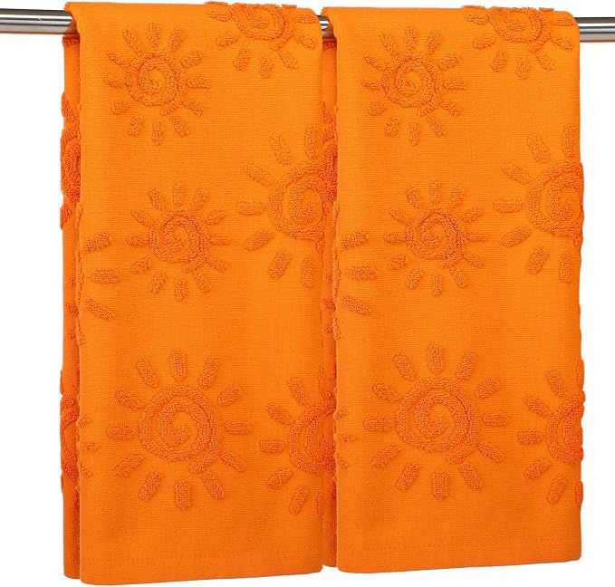 SmoothNovelty 2 Pcs Boho Hand Towels Orange Yellow Towels for Bathroom Sunshine Cotton Absorbent Jacquard Weave 3D Sun Kitchen Decor for Gift Christmas Drying Cleaning Cooking(Orange)