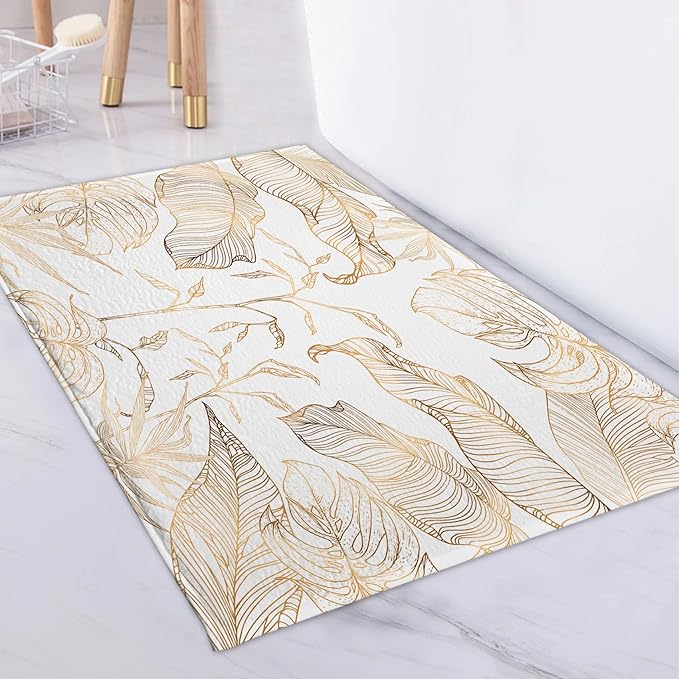 LB Gold Palm Leaf Bath Mat for Bathroom- Abstract Banana Leaves White Non Slip Doormat- Luxury Aesthetic Modern Absorbent Memory Foam Living Room Bedroom Door Front Floor Area Rugs,31.5x19.6 Inch