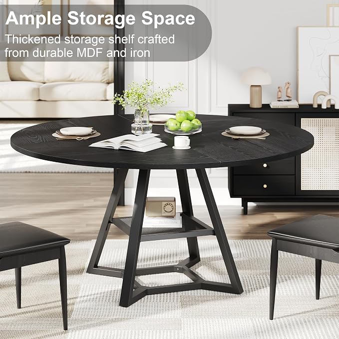 knoworld 51'' Round Dining Table, Kitchen Tables Dining Room Circle Dinner Table with Pedestal Metal Frame, Space Saving Wood Industrial Kitchen & Dining Room Tables, Black 51In