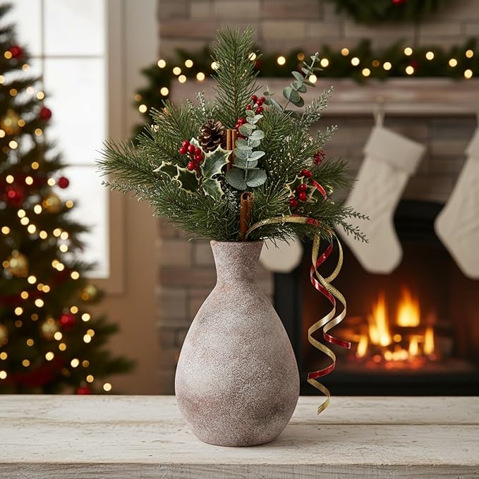 Ceramic Rustic Flower Vase,10.6 Inch Farmhouse Vases Home Decor for Living Room,Handmade Pottery Vintage Vase,Large Terracotta Vases for House Bedroom Decorations for Dining Table Shelf Office Coffee