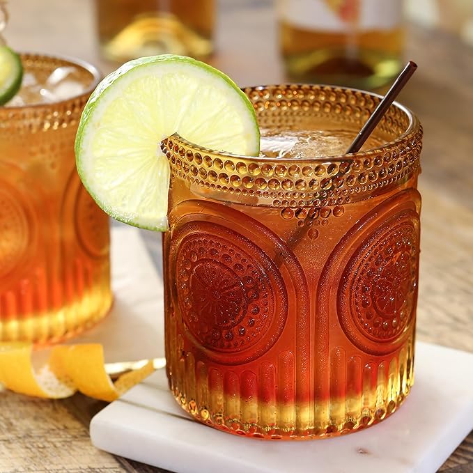 Vintage Amber Drinking Glasses Set of 6 by Kate Aspen - 10 oz Ribbed Glassware for Drinking Water, Juice, Cocktail Glasses - Ribbed Glass Cups Set, Iced Coffee Cup, Kitchen Drinkware or Home Bar