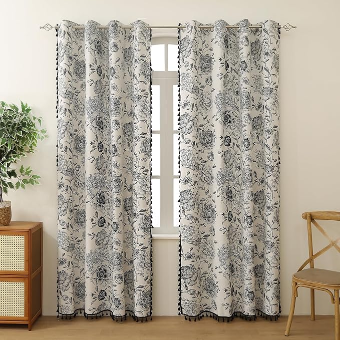 Blackout Black Floral Farmhouse Curtains Living Room Thermal Insulated Drapes, Elegant Peony Pattern & Tassel Curtains 2 Panels Blocking Curtains for Windows Floral Drapes (52W*84L)