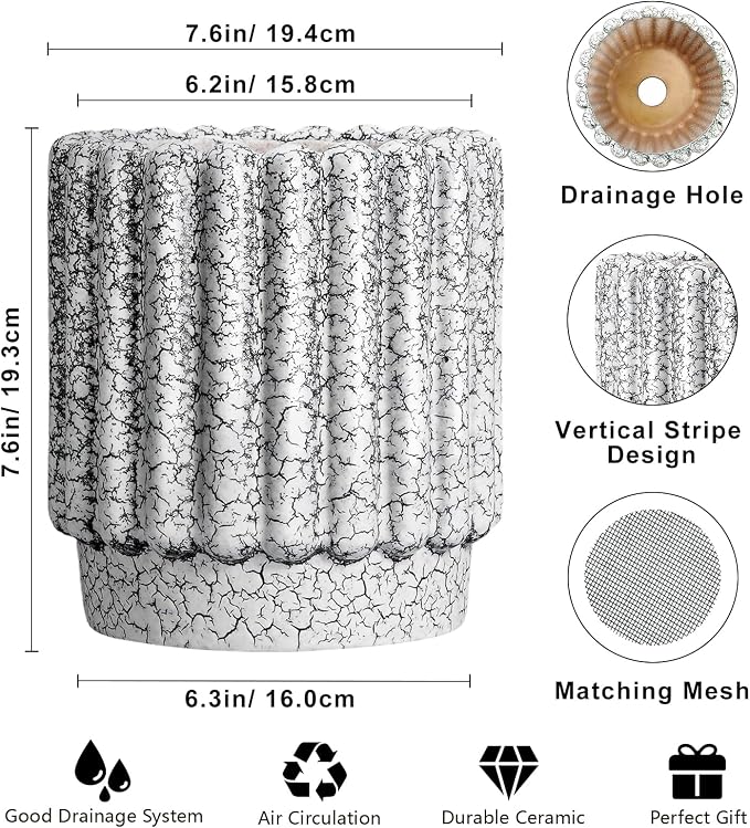 Ceramicfor Ceramic Pots for Plants - 7.6 Inch Ceramic Planter with Drainage Hole, Round Flower Pots for Indoor Plants, Fluted Planter Outdoor, Garden Decor, Birthday Gifts, Black and White