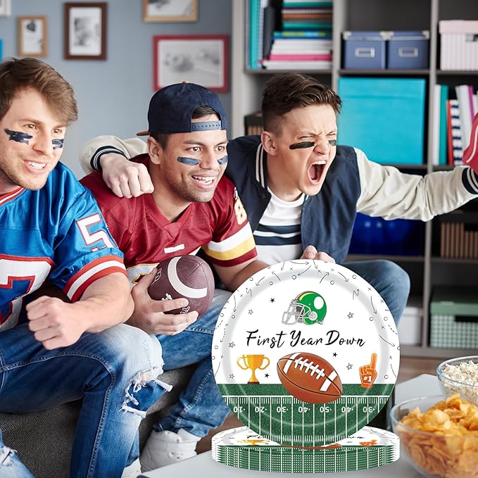 72 Pcs First Down Football Plates and Napkins - DIY First Year Down Birthday Party Decorations for Boy Birthday, 24 Guests
