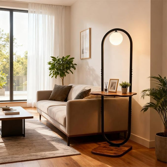 Lightdot 47-Inch Arch Floor Lamp, Modern Standing Lamp with Table, Black Metal Frame with Globe Shade, Living Room Bedroom Lighting, G9 LED Bulb Included for Sofa Beside/Corner Decor