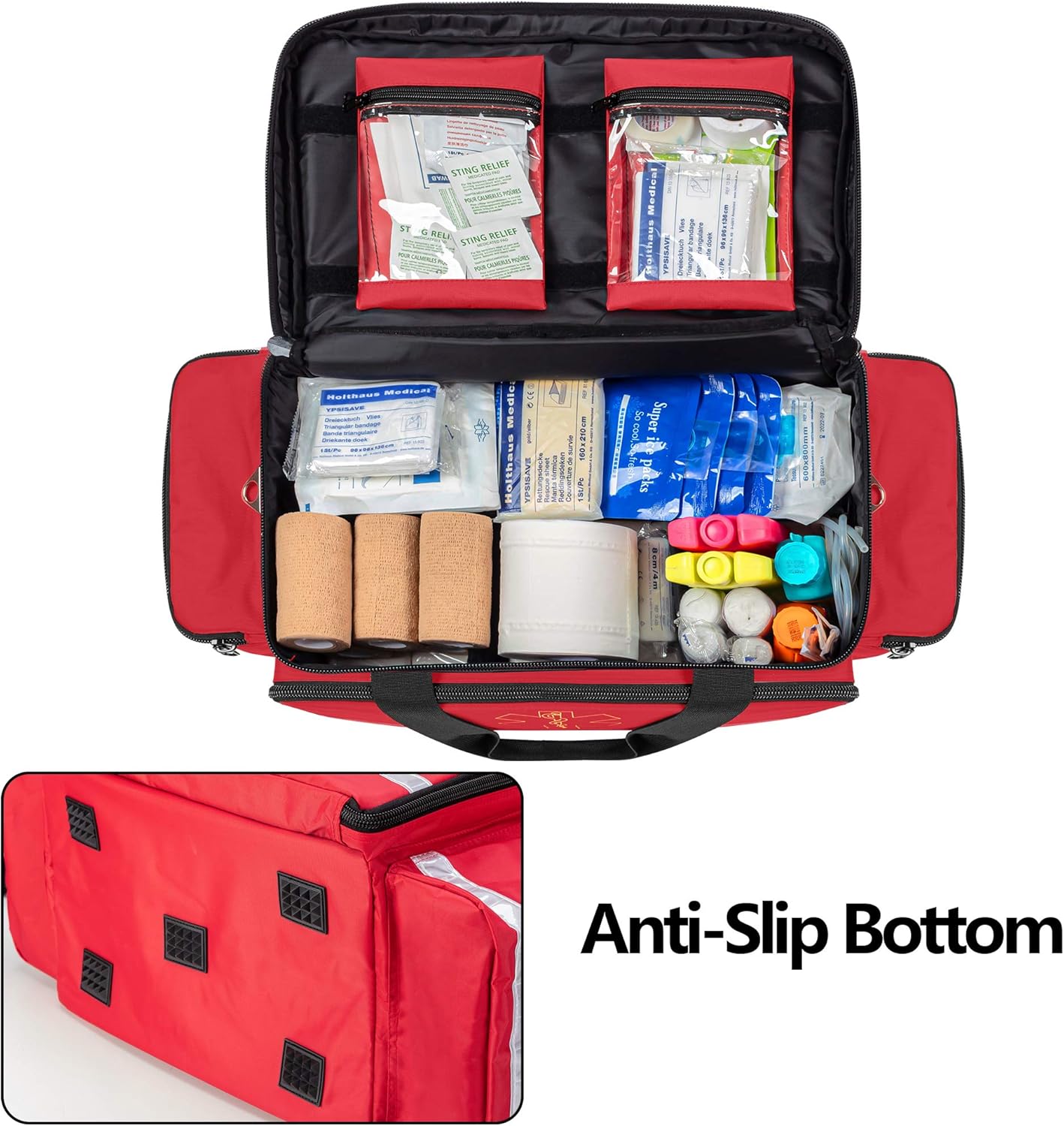 Trunab Trauma Bag - Professional First Aid Kit Storage with Inner Dividers | Red, No-Scratch Bottom