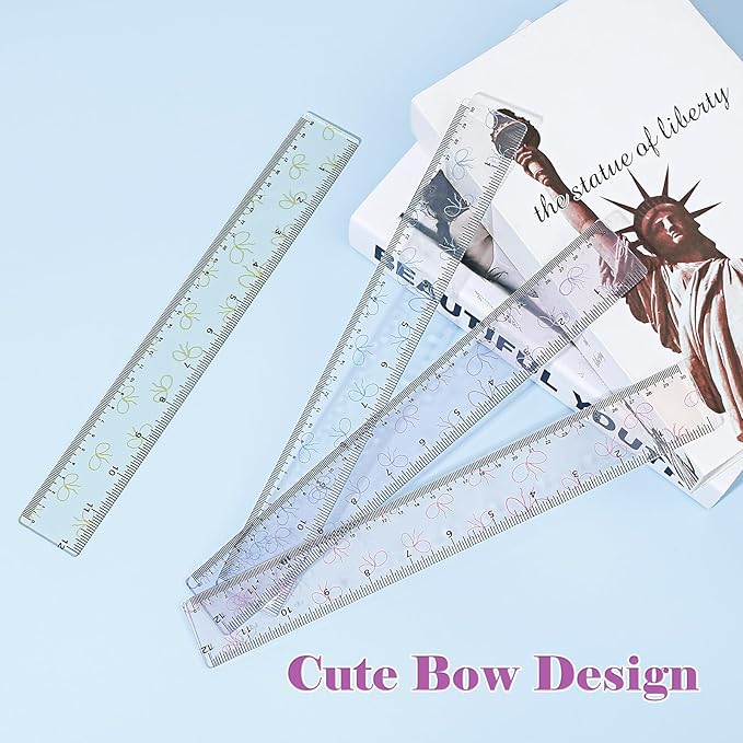 BAYTORY 4Pcs Transparent Acrylic Ruler 12 Inch, Clear Plastic Straight Rulers, Shatterproof Student Stationery Centimeters with Inches, for Classroom Essentials School Supplies (Bowknot)