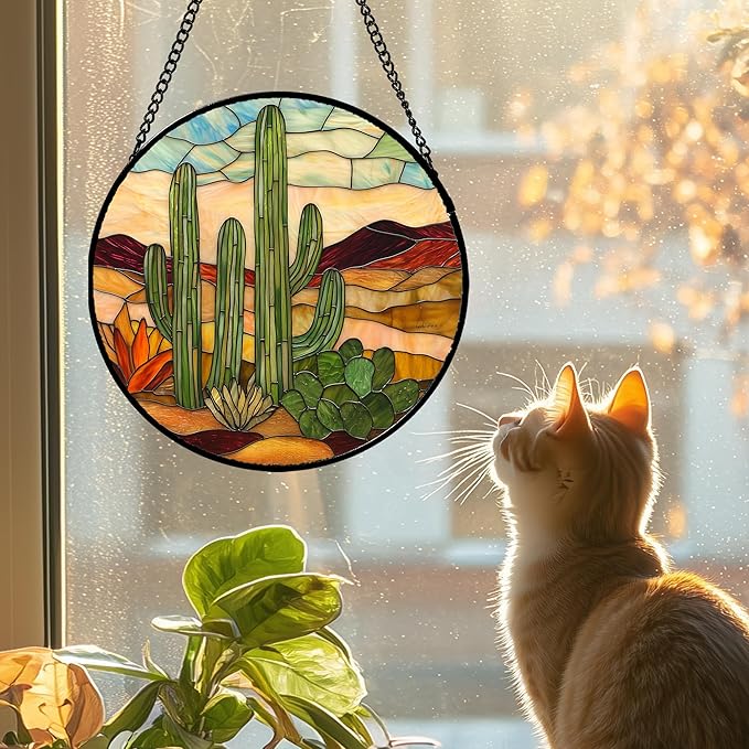 Stained Glass Window Hanging, Green Cactus Sun Catcher for Door Terrace Garden Home Decor, Abstract Desert Landscape Suncatcher Birthday Gifts for Lovers Women Men Dad Mom Nana 15 in