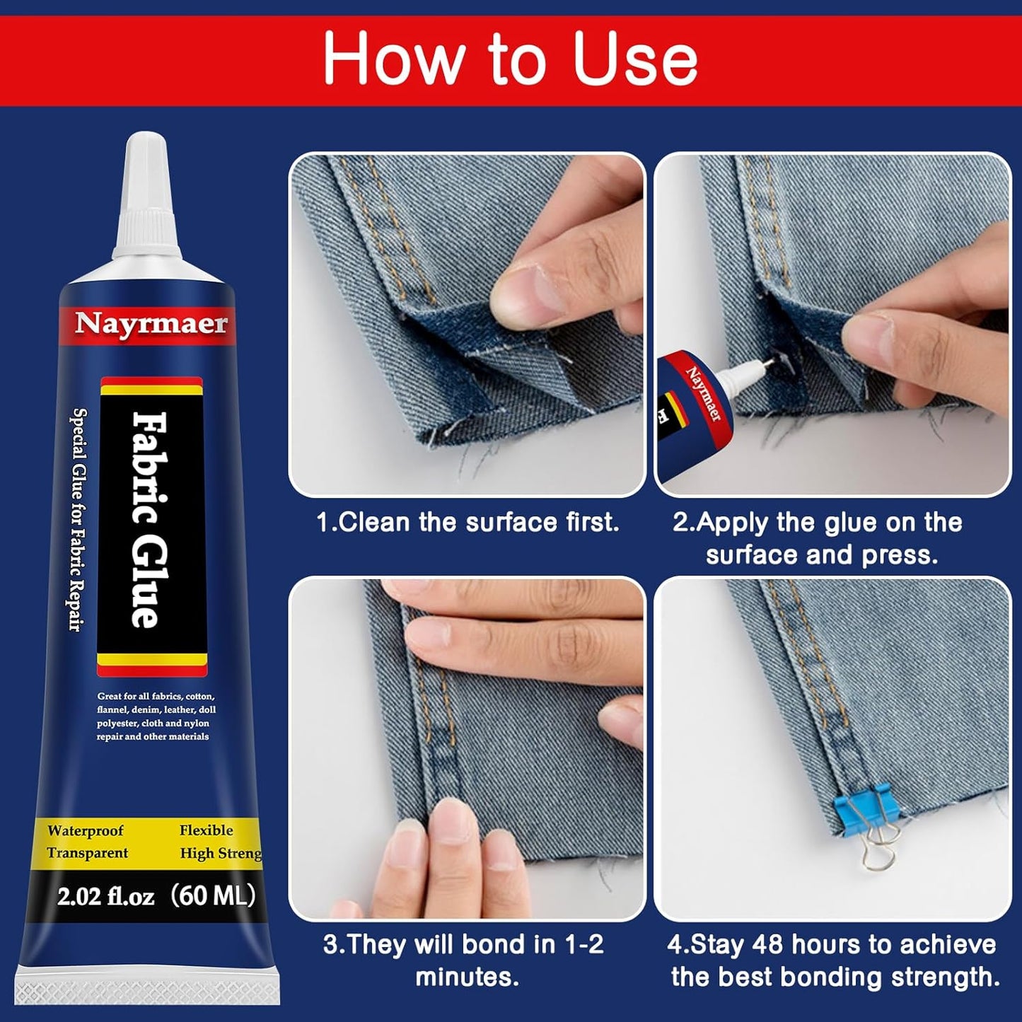 Skiennix Fabric Glue - Permanent Clear Washable Adhesive for All Fabrics | 60g, Waterproof & Fast-Drying