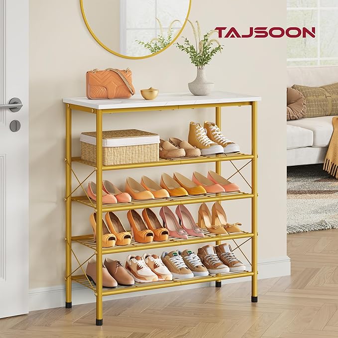Tajsoon 5 Tier Shoe Rack Organizer for 16-20 Pairs of Shoes, Metal Mesh Shoe Shelf for Closet, Industrial Shoe Rack for Entryway Shoe Storage with X Shape Fixed Frame, White & Gold
