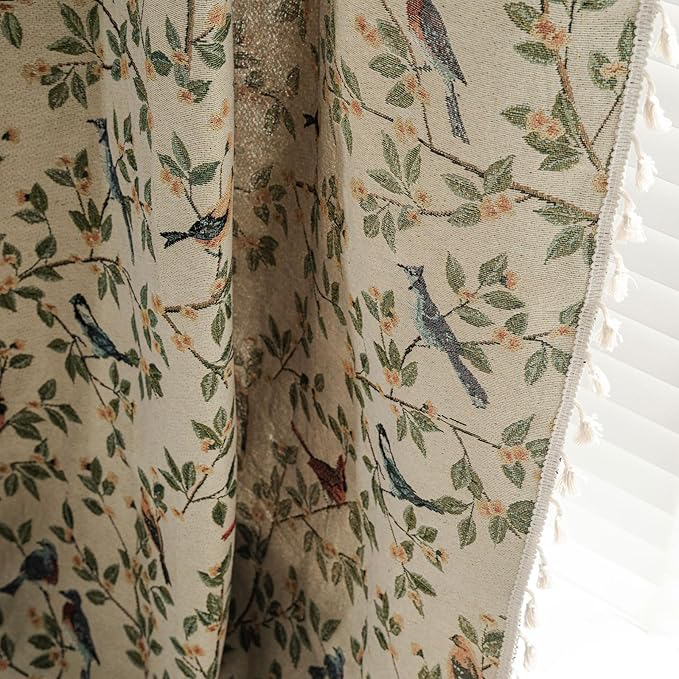 ENJOYBRIDAL Floral 63 Inch Curtains for Bedroom Jacquard Drapes Bird Patterned Semi Sheer Boho Short Window Curtains Living Room 2 Panels Farmhouse Rod Pocket Light Filtering Decor Window Treatments