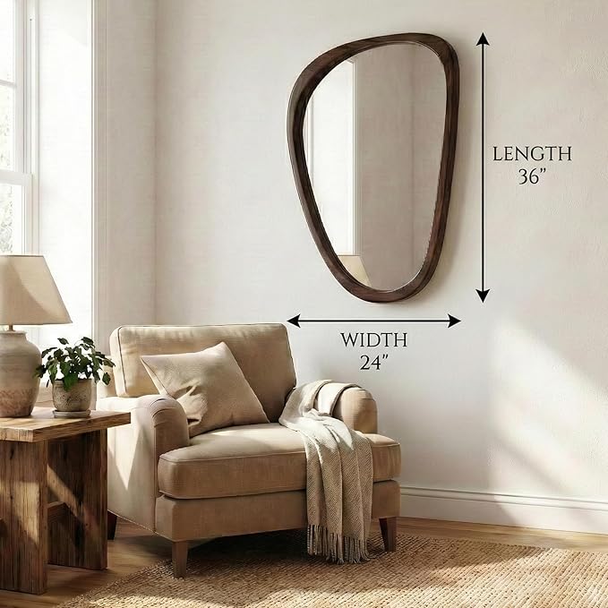 Solid Wood 36"x24" Retro Mid-Century Asymmetrical Wall Mirror, Irregular Wooden Wall-Mounted Mirror, Sculptural Bathroom Vanity Mirror for Living Room & Sideboard, Dark Walnut