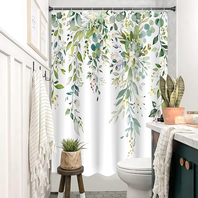 Long Green Eucalyptus Shower Curtain Watercolor Floral Plant Leaf Shower Curtains for Bathroom Botanical Flower Waterproof Fabric Bath Curtain Decor with Hooks (Green, 72'' x 78'')