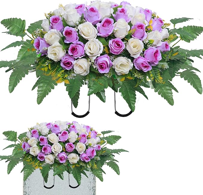Artificial Cemetery Flower Saddles, Rose Headstone Flower Saddle Outdoor Grave Decorations,Cemetery Memorial Flowers with Vase for Grave Tombstone Decorations (Purple with white, Saddle)