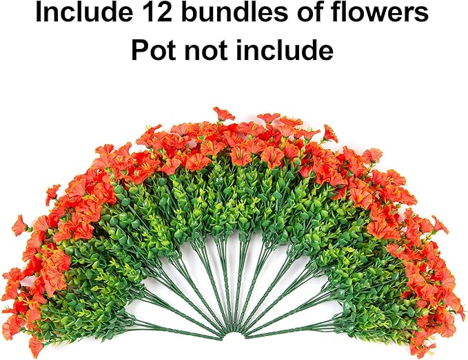Artificial Flowers Fake Plants for Outdoors Spring Summer Decor, 12 Bundles Orange Silk Morning Glory with Eucalyptus Look Real UV Resistant Faux Flowers for Outside Planters Front Door Yard Indoor