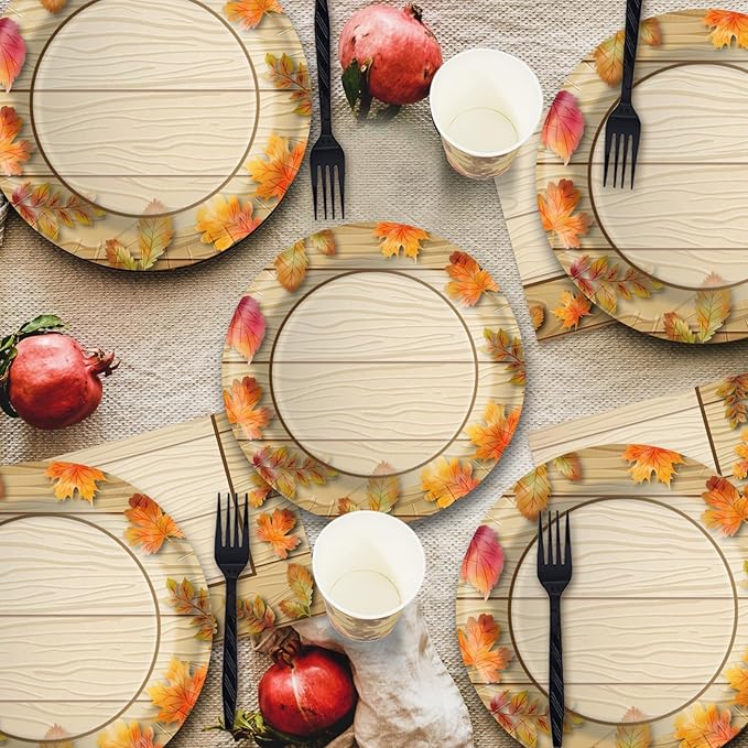 Fall Thanksgiving Birthday Party Plates and Napkins Decorations Kit, Wooden Grain Maple Leaf Tableware Supplies for Birthday Leaves Favors Party Decor Service 24 Guests