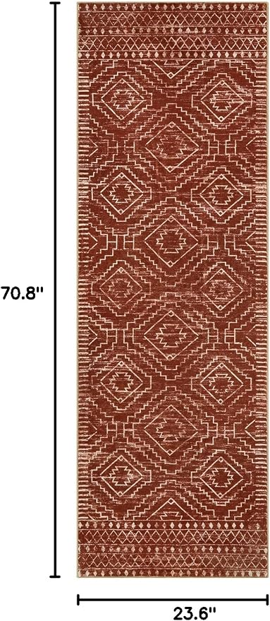 Wonnitar Moroccan Runner Rug 2x6, Washable Hallway Runner Rugs with Rubber Backing,Bohemian Geometric Kitchen Runner Non-Skid Soft Indoor Carpet for Bathroom Laundry Room (Brown,2'x6')