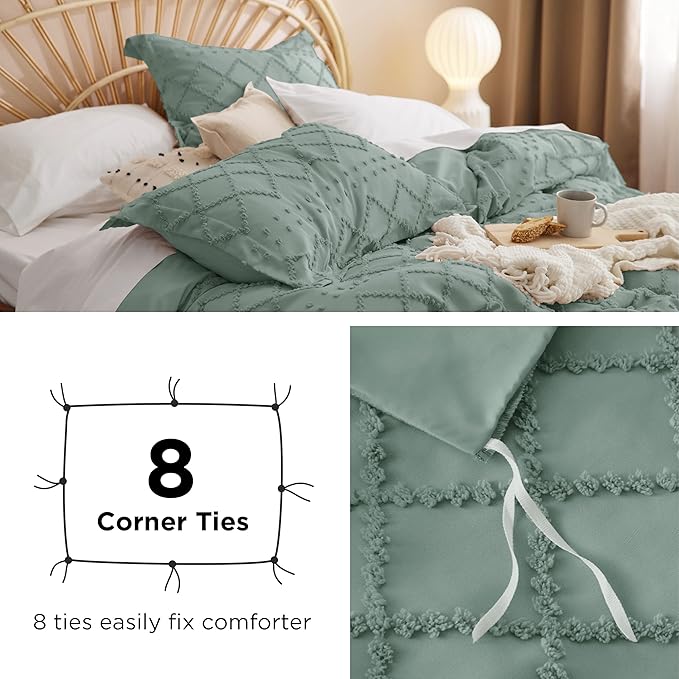 Bedsure Boho Cal King Duvet Cover - Green Breathable & Soft Boho Bedding, Machine Washable Comforter Cover for All Seasons, Includes 1 Duvet Cover 104"x98" with 2 Pillow Shams & Zipper Closure